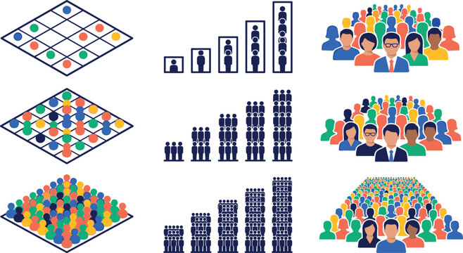 Crowd and Population Growth Collection with Community Groups, Demographic Charts, and Social Statistics Concepts in Flat Vector Illustration Style