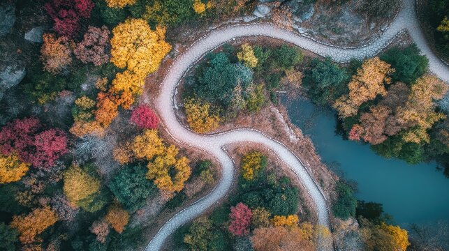 Aerial View of a Winding Autumn Forest Path Leading Towards a Serene Lake