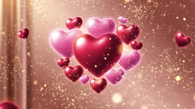 A cluster of shiny red and pink hearts floats in a warm, sparkly atmosphere.