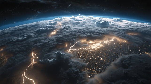 Lightning illuminates city beneath cloud cover during natural disaster event