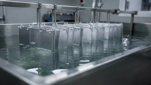 Medium shot capturing anodizing process with aluminum pieces undergoing electrochemical oxidation for enhanced corrosion protection