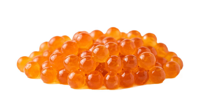 Salmon roe pearls form a small pile of glistening orange fish eggs against a neutral white backdrop.