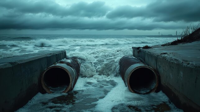 Contaminated water flowing from storm drains into the ocean during overcast weather