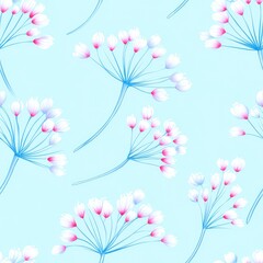 Obraz premium Delicate floral seamless pattern with stylized pink and white umbel flowers on light blue background