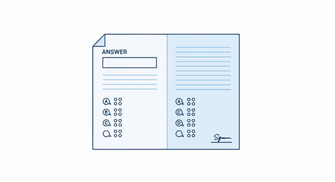 Simple line drawing of an answer sheet with multiple choice bubbles and a signature space