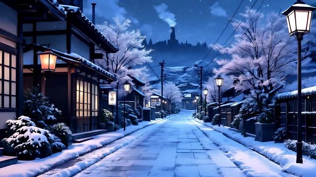 Snowy traditional japanese village street at night, quiet and peaceful winter landscape, suitable for winter travel brochures and artistic backgrounds.