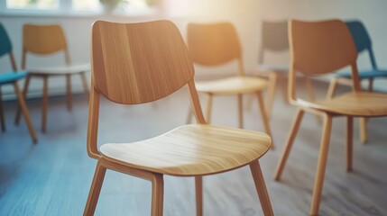 Obraz premium Empty wooden chairs arranged in a community mental health workshop setting, soft lighting enhances the serene atmosphere.