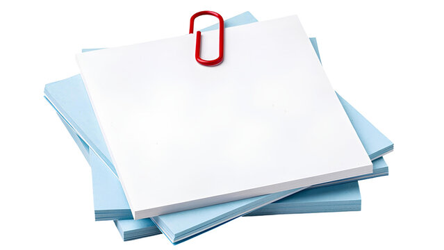 Blank square white note paper page clipped to a stack of light blue sticky memo pads with a red vinyl coated metallic paperclip isolated on white background.