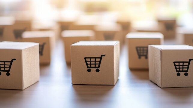 E-commerce delivery boxes with shopping cart icons arranged on an organized desk in soft light