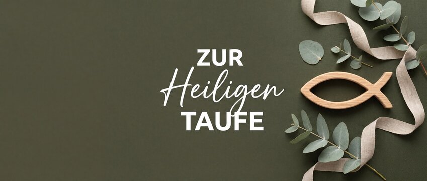 German baptism greeting banner card Zur Heiligen Taufe, featuring wooden fish motif, green eucalyptus branch, linen ribbon on olive green card background for holy communion celebration template design