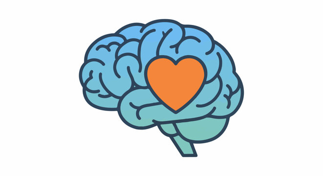 Stylized brain with an orange heart at its center, on white background