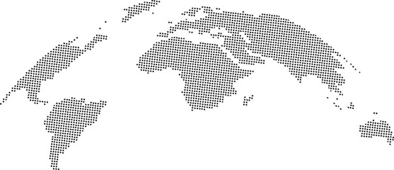 Halftone world map background with dotted global continent pattern and abstract geographic design. Modern international business and technology concept for presentations. High quality vector graphic. © Parul