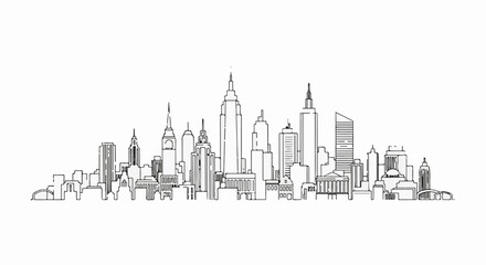 Fototapeta premium Stylized black and white outline of a city skyline with various tall buildings