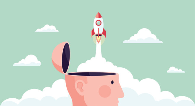 Creative thinking and innovation concept with a rocket launching from an open head in the clouds