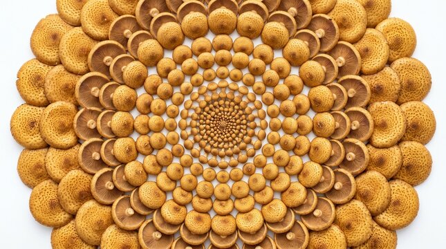 fungi fungal spores organic natural pattern circular symmetry intricate detailed earthy tones brown tan beige caps growth botany mycology microscopic macro close-up still-life