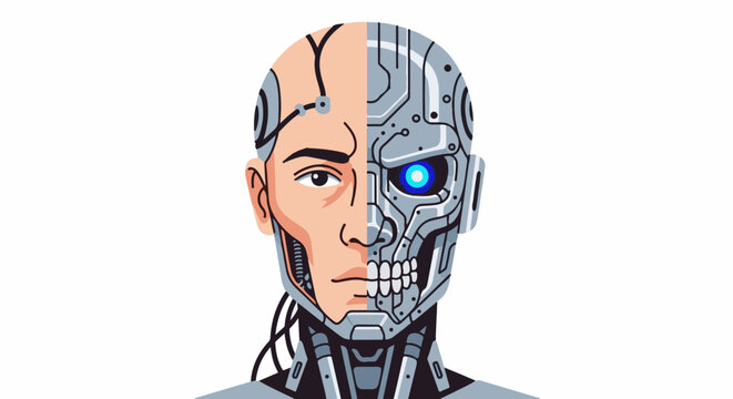 Split portrait half human face, half robotic skull with glowing blue eye