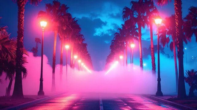 Road with palm trees and streetlights, immersed in pink and blue vapor