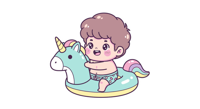 Happy toddler riding colorful inflatable unicorn float.
