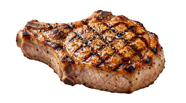 Pork chop seasoned and seared on a grill shows dark crosshatch marks across its juicy surface.