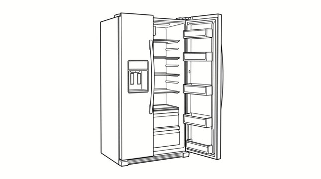 Side-by-side refrigerator with open doors vector line art illustration. Isolated on a white background