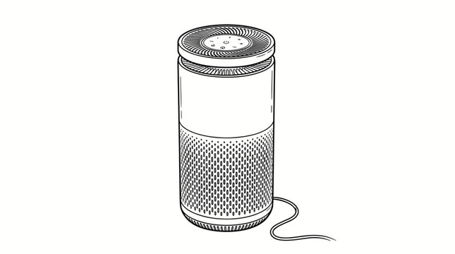 Modern smart air purifier device line art illustration, featuring a cylindrical design with top control buttons