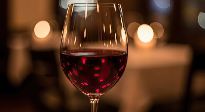 Elegant Glass of Red Wine with Blurry Restaurant Background.