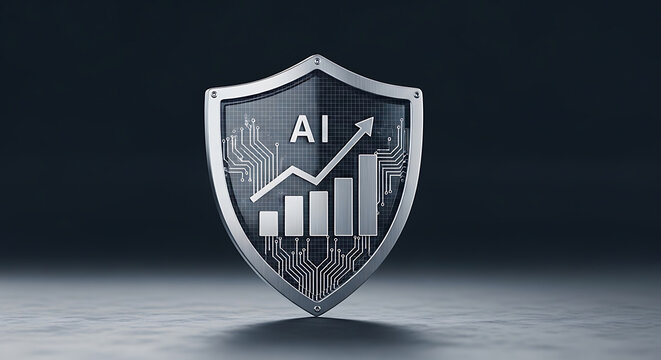 Futuristic metal shield with artificial intelligence text and financial growth chart