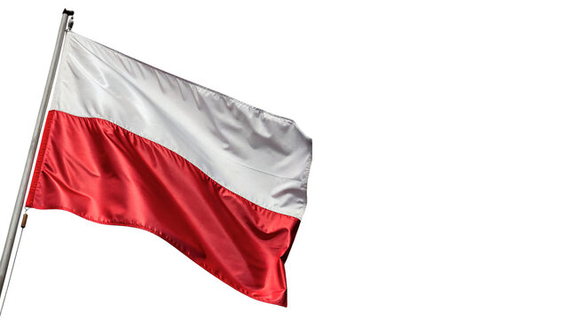 National flag of Poland waving on a metallic silver flagpole isolated on transparent background