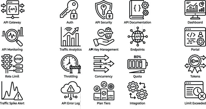 Black line vector icon set of API management backend programming tools and cloud server analytics featuring descriptive text labels