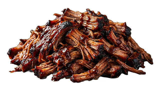 Barbecue brisket is presented as a large, succulent pile of shredded meat coated in a dark, glossy sauce on a white background.