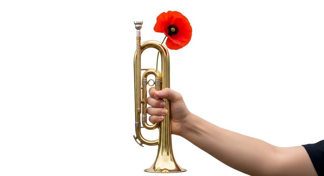 Hand holding a brass trumpet with a red poppy flower on white background
