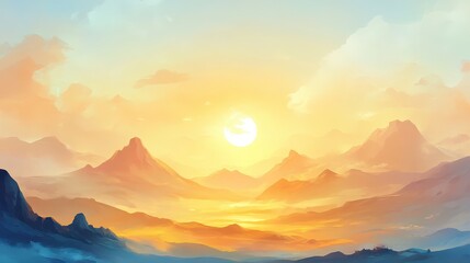 Obraz premium Magnificent sunrise over distant mountain peaks illuminating a serene and golden landscape at dawn