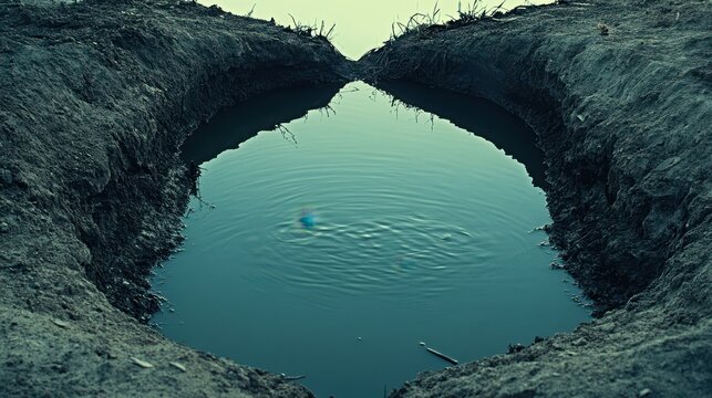 Iridescent oil slick forming in polluted water near drainage outlets with symmetrical framing and soft light.