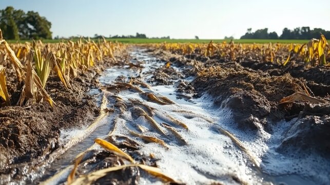 Agricultural pollution showing chemical runoff and dead crops in a rural field under a clear sky with natural lighting