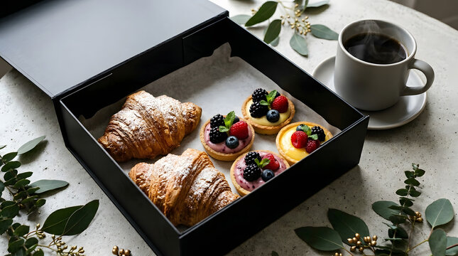 A gourmet breakfast box with fresh croissants and berry tarts