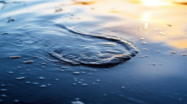 Gentle wave laps the shore at sunrise or sunset, with subtle reflections and sparkling water droplets