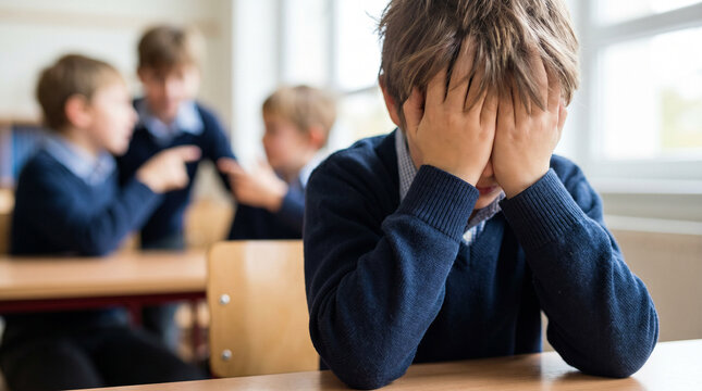 KI-generiertes Bild: Verzweifelter deutscher Sch&uuml;ler weint im Klassenzimmer. Konzept f&uuml;r Ausgrenzung und Mobbing durch Mitsch&uuml;ler
