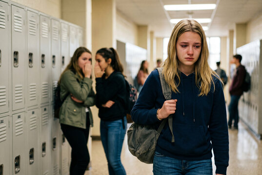 Schulmobbing und soziale Isolation: Trauriges deutsches Teenager-M&auml;dchen weint im Schulflur, w&auml;hrend Mitsch&uuml;lerinnen im Hintergrund &uuml;ber sie l&auml;stern. Gesellschaftsproblem in Deutschland