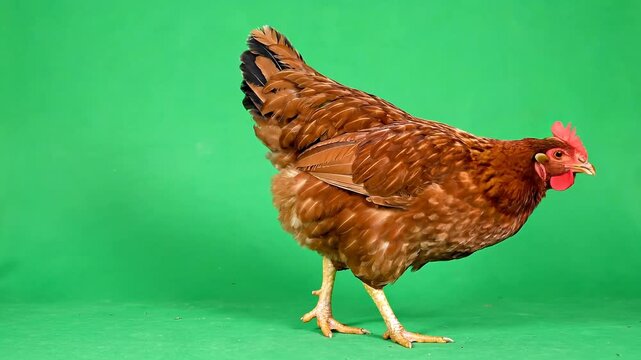 Brown hen walking and pecking on a green screen background isolated domestic fowl footage showing natural movement and behavior in studio setting 4k Video