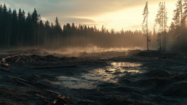 Misty deforestation scene at dawn with muddy terrain and a distant forest line