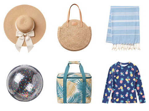 Flat lay of colorful summer beach vacation accessories and items, perfect for a sunny day out at the ocean.
