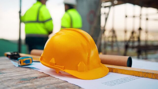 Engineering, tools and helmet on construction site with safety protocol, team and project document. People, PPE or hard hat outdoor for protection, civil engineer gear or paperwork for infrastructure