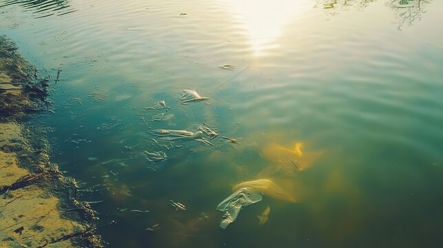 Plastic Debris Floating on Murky Lake Water Under Bright Midday Sun
