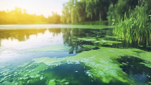 Bright green algae bloom creates vibrant streaks on the surface of a polluted lake reflecting soft sunlight