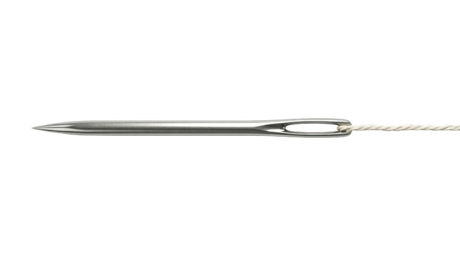 Sewing needle with silver-plated eye and sharp tip on neutral background.