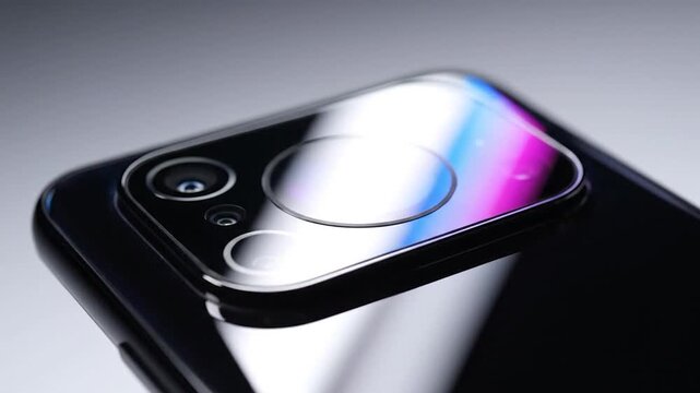 Close up of professional smartphone camera lenses with colorful reflections on a modern black mobile device
