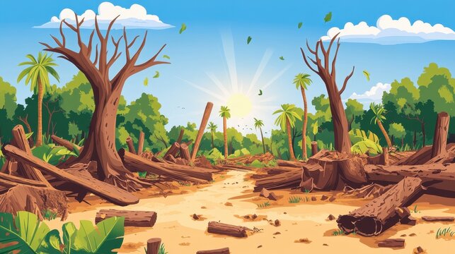 Scene of extensive deforestation and tree removal in a forest, showcasing environmental damage and habitat loss.