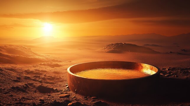 Sun setting over a nearly empty water tank in a parched desert landscape, symbolizing severe drought and scarcity.