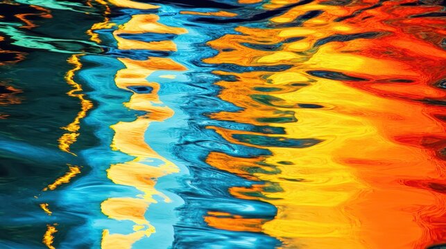 Vibrant abstract patterns formed by golden hour sky reflections shimmering on a calm water surface