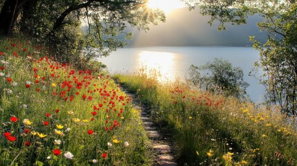 Obraz premium Sunlit nature trail with vibrant wildflowers leads to a sparkling lake and serene landscape